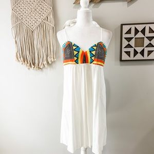 Love Stitch White Strappy Sundress Orange Blue Embroidered Chest Design Size Med